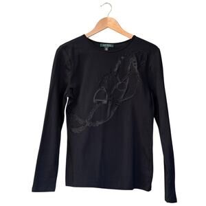 Lauren Ralph Lauren Black Stretch Knit Horse Embellished L Tee Classic MSRP $128